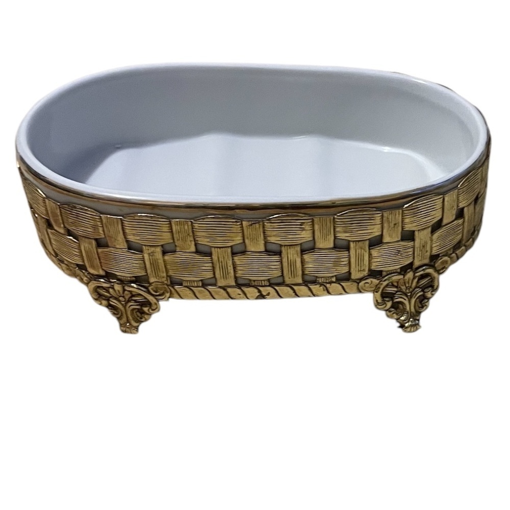 Vintage 24KT Gold Platted Ornate Stylebuilt Basket Weave Ceramic Insert Footed